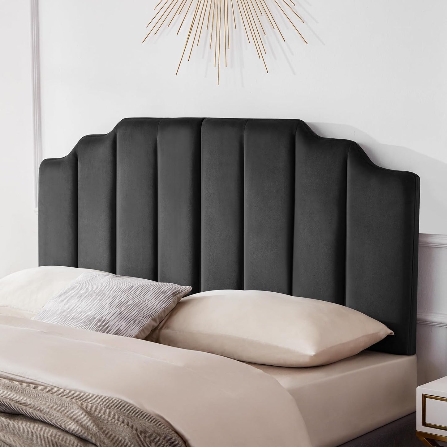 King Upholstered Headboard, Velvet Head Board, Tufted King Headboard Only, Elegantly Curved Headboards Only, Modern Vertical Channel Design Bed Head Board, Dark Gray