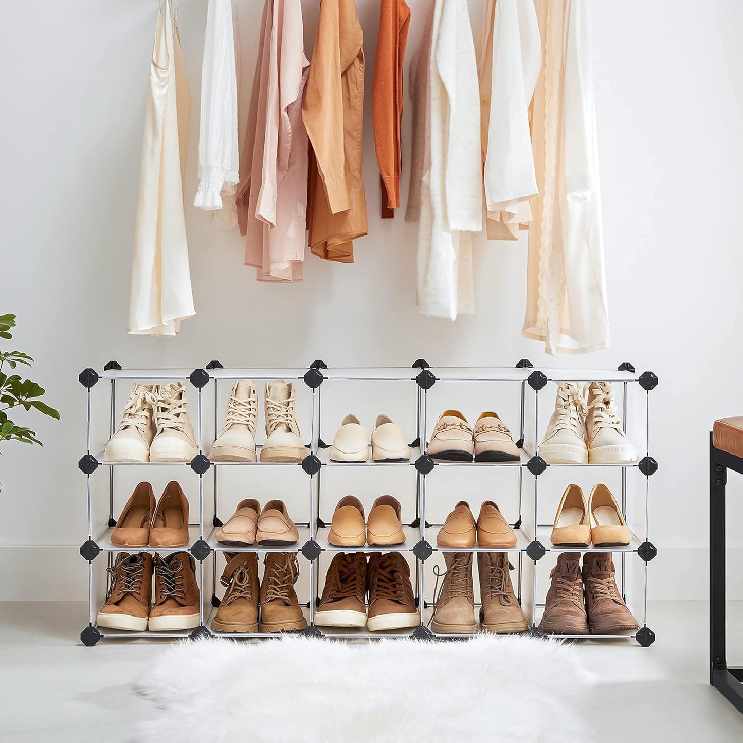 Shoe Rack with 16 Cubes, Interlocking Plastic Shoe Organizer, DIY Storage Cabinet for Closet Entryway Bedroom Garage, Space Saving Design, 12 X 35.1 X 27.2 Inches, Transparent ULPC445W02