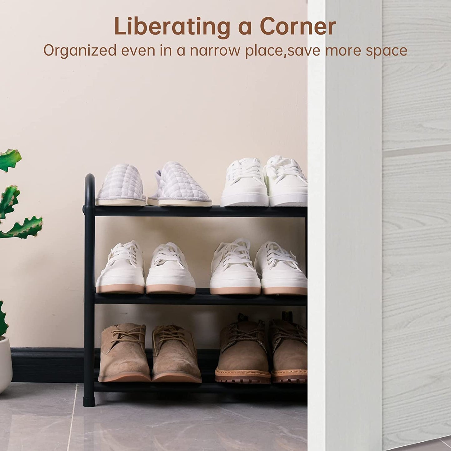 3-Tier Expandable Shoe Rack,Adjustable Shoe Shelf Storage Organizer Heavy Duty Metal Free Standing Shoe Rack for Entryway Closet Doorway (Black)