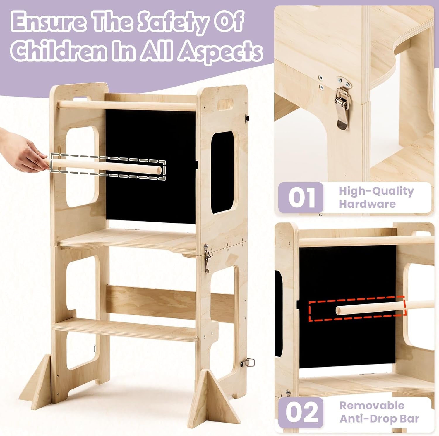 Toddler Standing Tower for 12M+, Montessori Foldable Learning Standing Tower with Blackboard, Anti-Tip Structure Design,Wooden Kitchen Step Helper Stool for 1-3 Year Old Boy Girl Gift