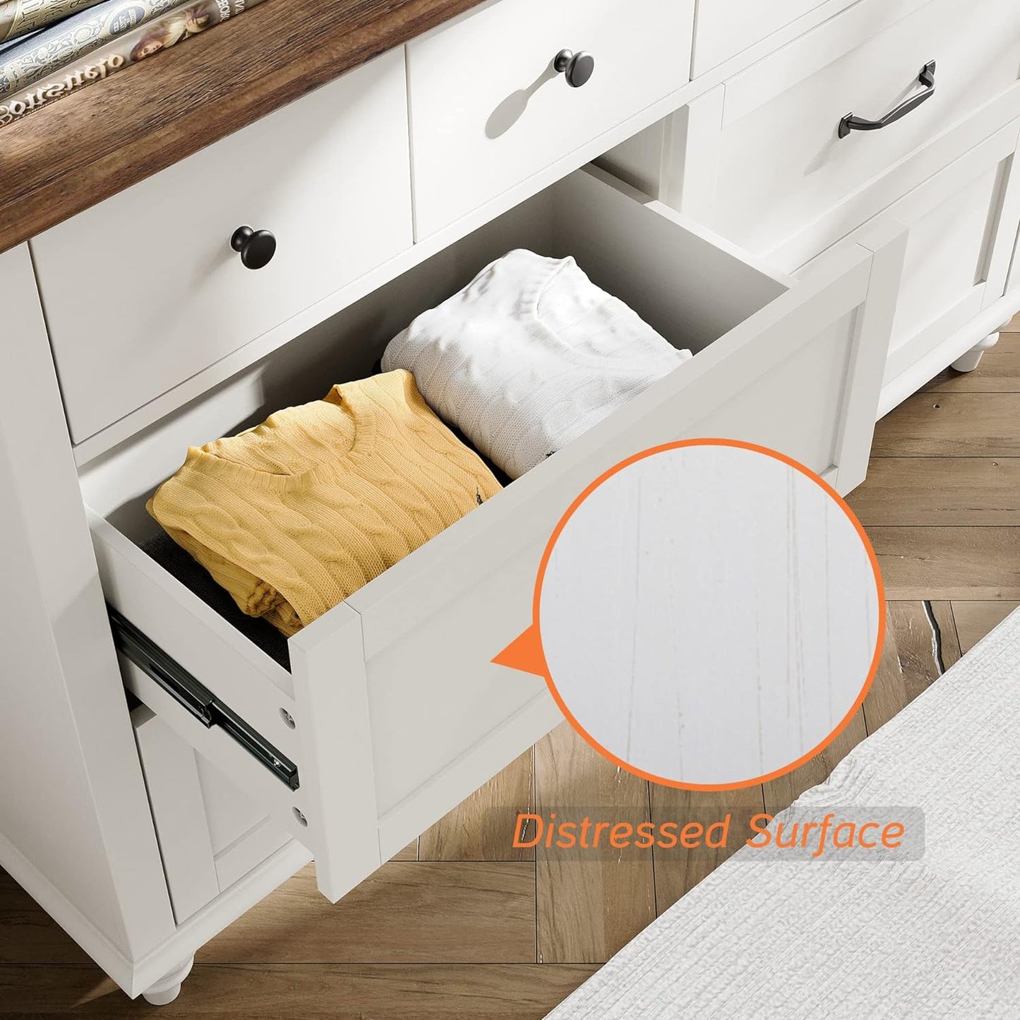 2 Piece Bedroom Set - Includes Mid Century 6 Drawer Dresser, Side Table with Charging Station & Storage Cabinet, 2 Piece Dresser and Nightstand Sets, White