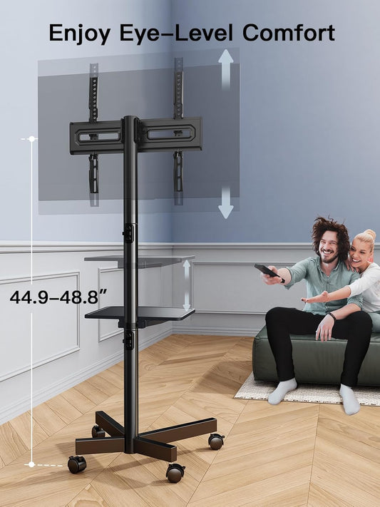 Rolling TV Stand on Wheels for 23-60 Inch Flat Curved Screen Tvs, Mobile TV Cart Height - Adjustable with Shelf/Tray, Portable TV Stand Holds up to 55 Lbs, Max VESA 400X400Mm, PSTVMC04