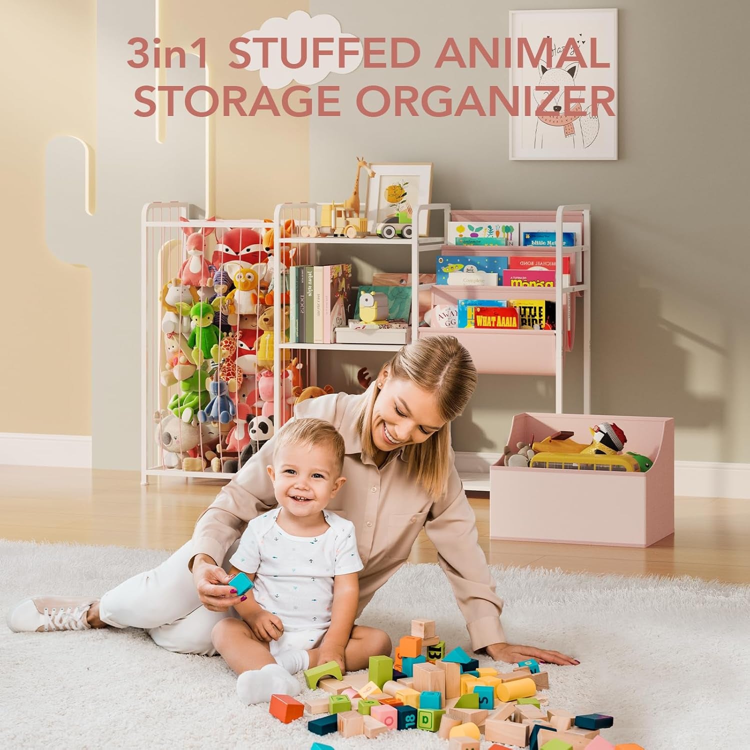 3In1 Stuffed Animal Storage Organizer - Toy Storage with Kids Bookshelf & Large Plushies Holder for Kids Room - Multi-Functional Furniture for Nursery, Bedroom, and Playroom, Pink