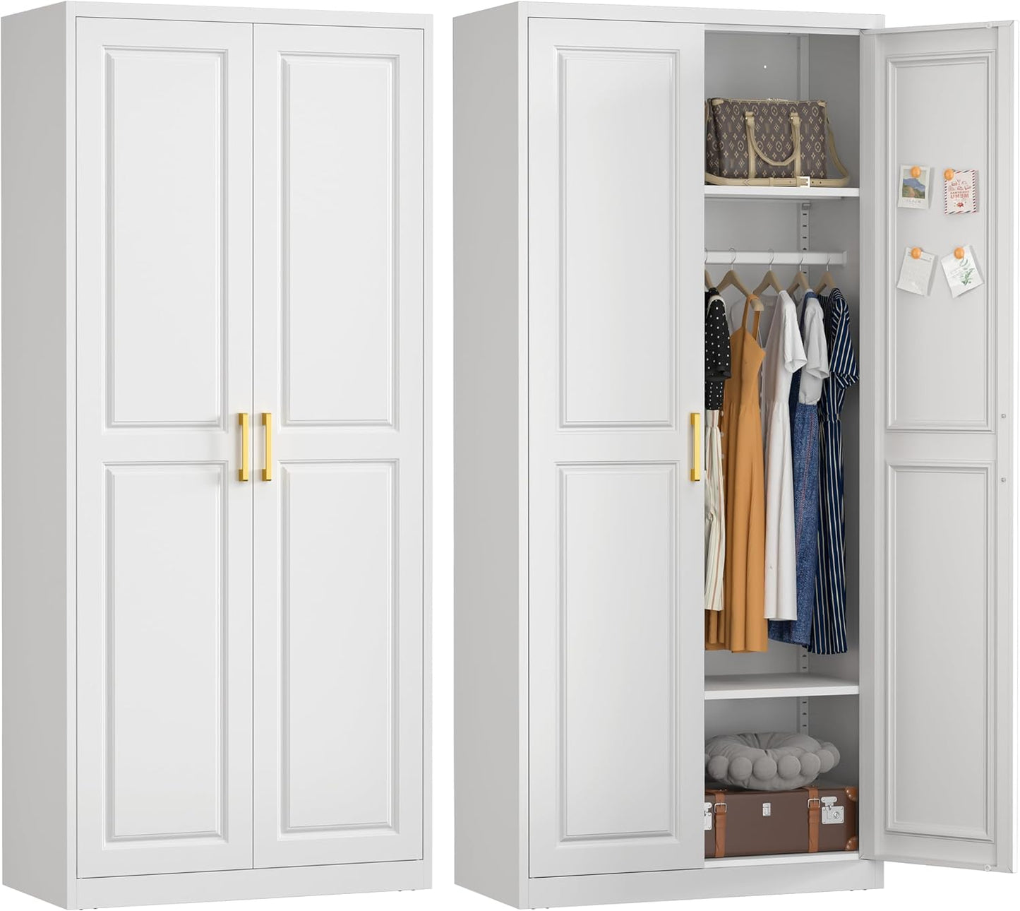 Armoire Wardrobe Closet with Doors, 71'' Wardrobe Cabinet with Hanging Rod, Metal Closet with 2 Adjustable Shelves for Bedroom School, Employee, Gym, Armarios De Ropa Para Dormitorio, White