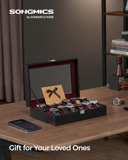 Watch Box, 12-Slot Watch Case with Large Glass Lid, Removable Watch Pillows, Watch Box Organizer, Gift for Loved Ones, Black Synthetic Leather, Wine Red Lining UJWB120R01