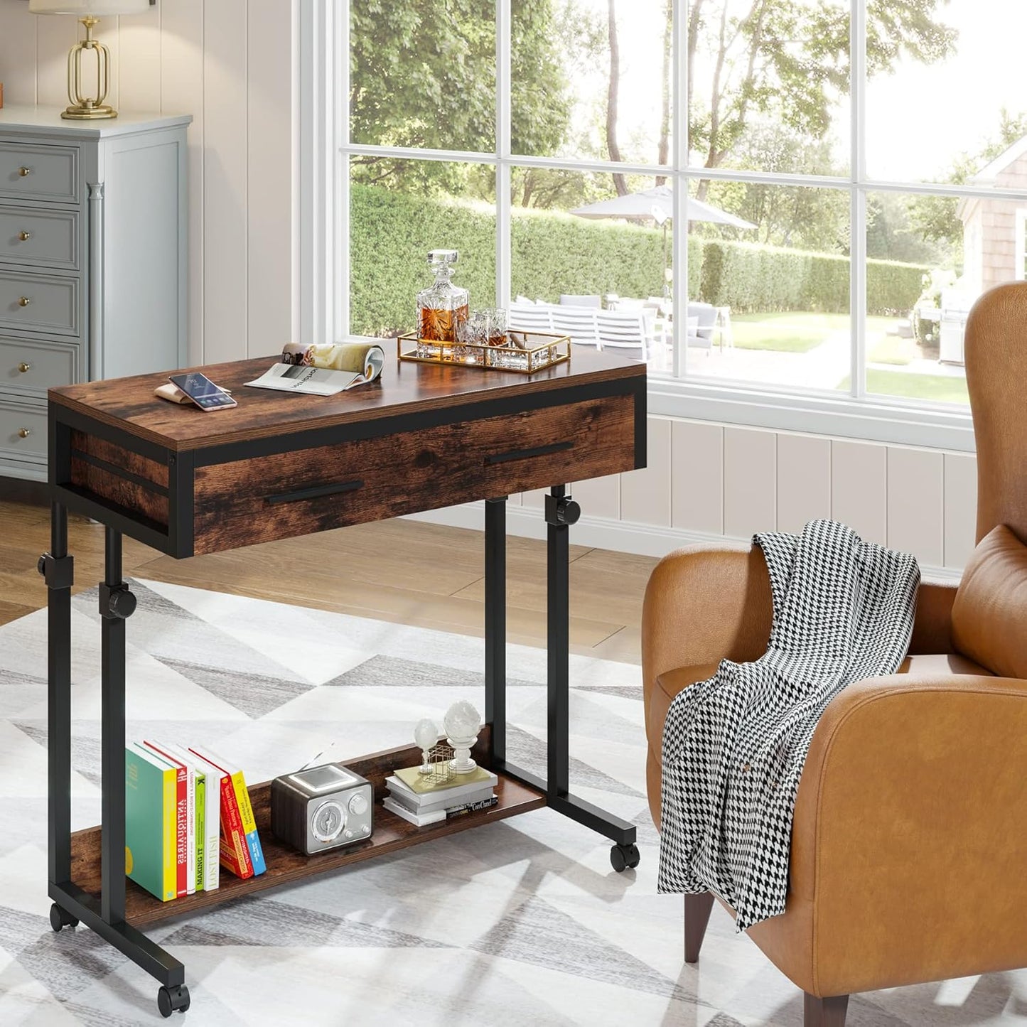 Portable Desk with Drawers, Mobile Laptop Desk with Wheels, Sofa Side Table Small Portable Standing Rolling Table for Home Office