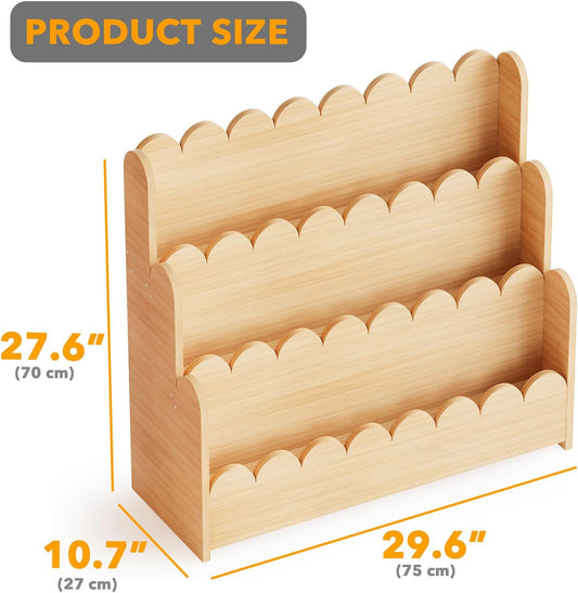 3-Tier Scalloped Bookshelf, Montessori Bookcase for Toddlers, Wooden Book Shelf Organizer Display Furniture for Kids Rooms, Playroom, Nursery and Classroom, Natural