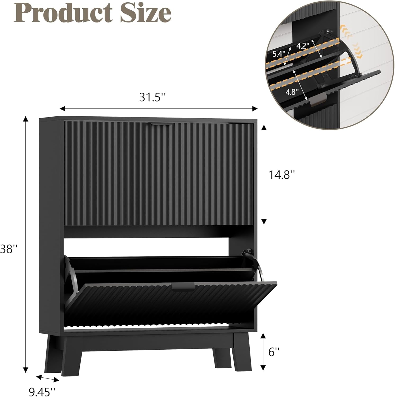Shoe Cabinet Storage for Entryway with 2 Flip Drawers, Fluted Narrow Shoe Organizer with Wooden Legs, Freestanding Slim Shoe Storage Hidden Shoe Rack Organizer for Front Door Entrance, Black