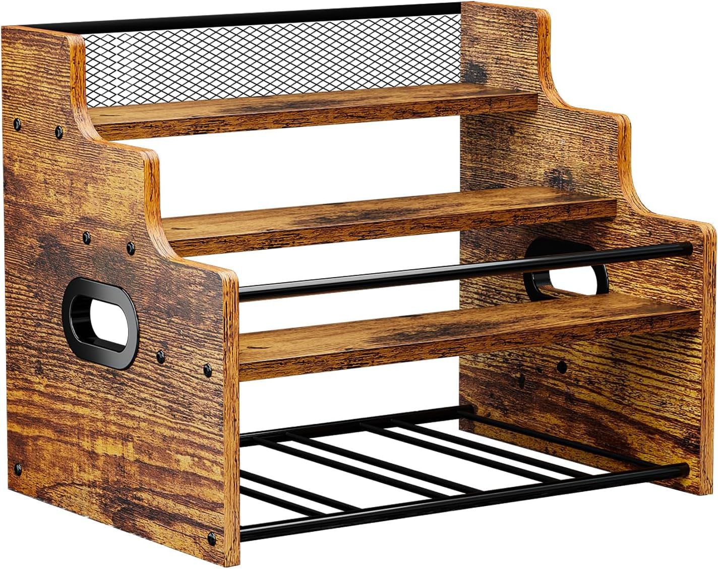 4-Tier Wood Display Shelf, Black Modern Bottle Organizer, Countertop Bar Stand for Liquor, Coffee Syrup, (Brown)