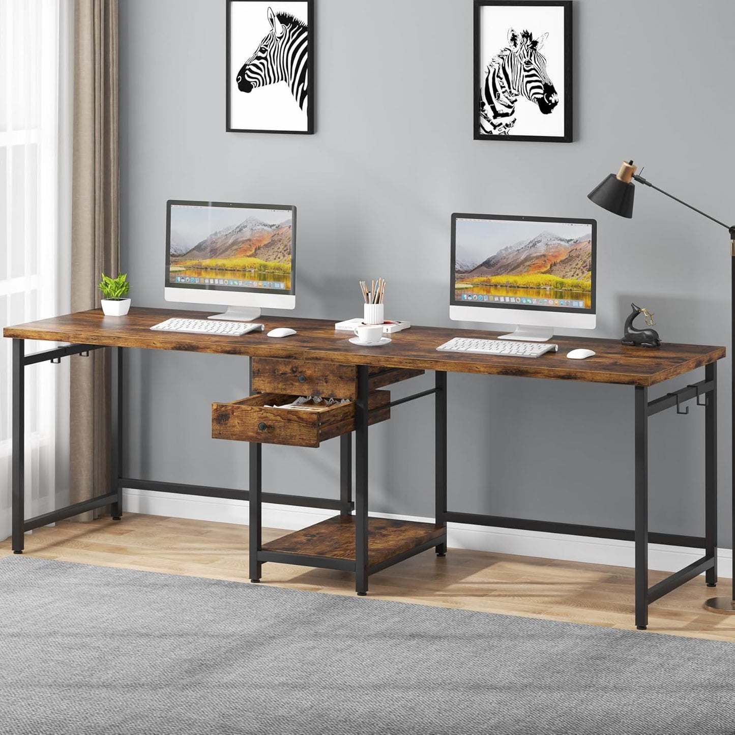 Two Person Desk, 79 Inch Double Desk with 2 Drawers, Large Computer Desk Long Desks with Storage Shelves, Writing Table Study Desk for Home Office, Rustic Brown (NY001)