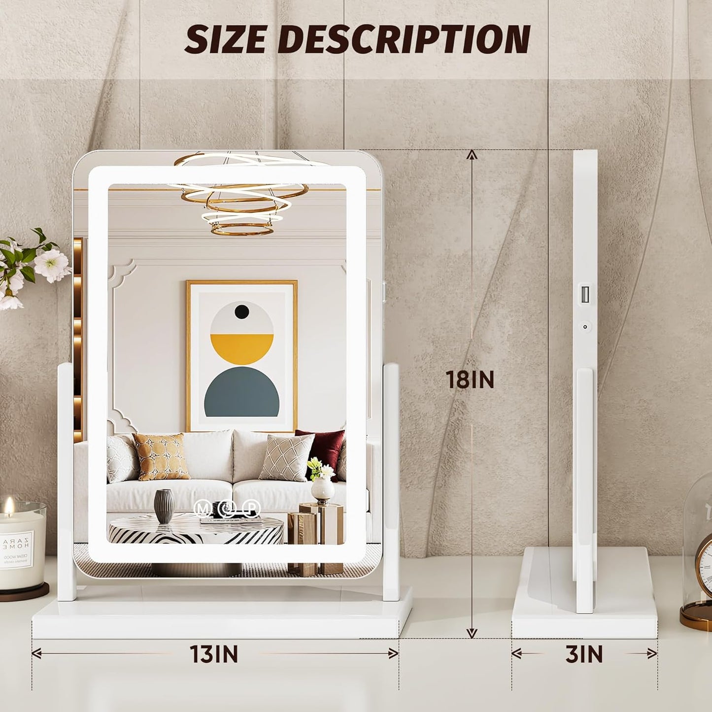 Vanity Mirror with Lights, 18"X13" Hollywood Lighted Makeup Mirror for Tabletop & Bedroom 3 Color Lighting Modes Smart Touch Control 360° Rotation Detachable