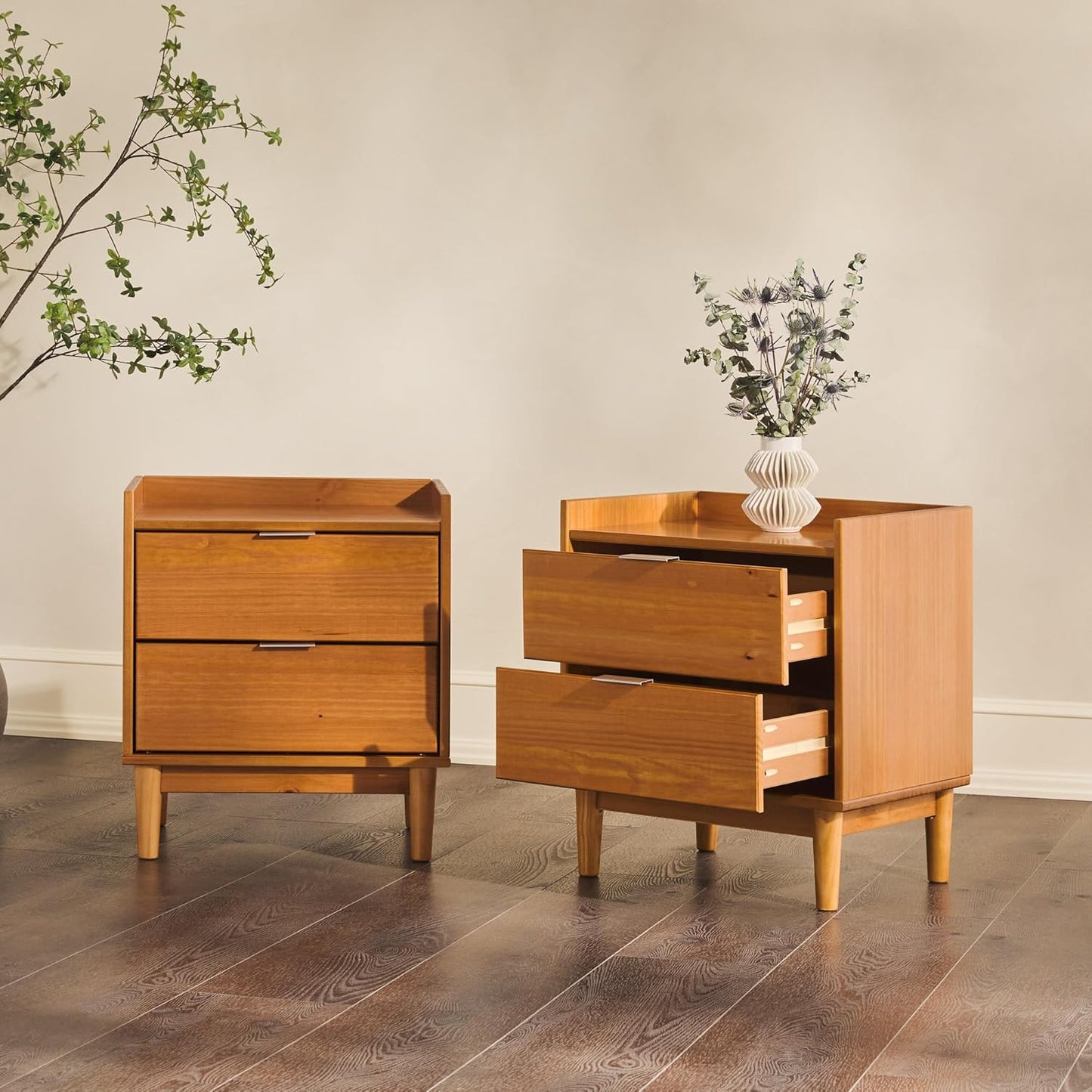 Mid-Century Modern 2-Drawer Solid Wood Nightstand, 20 Inch, Set of 2, Caramel