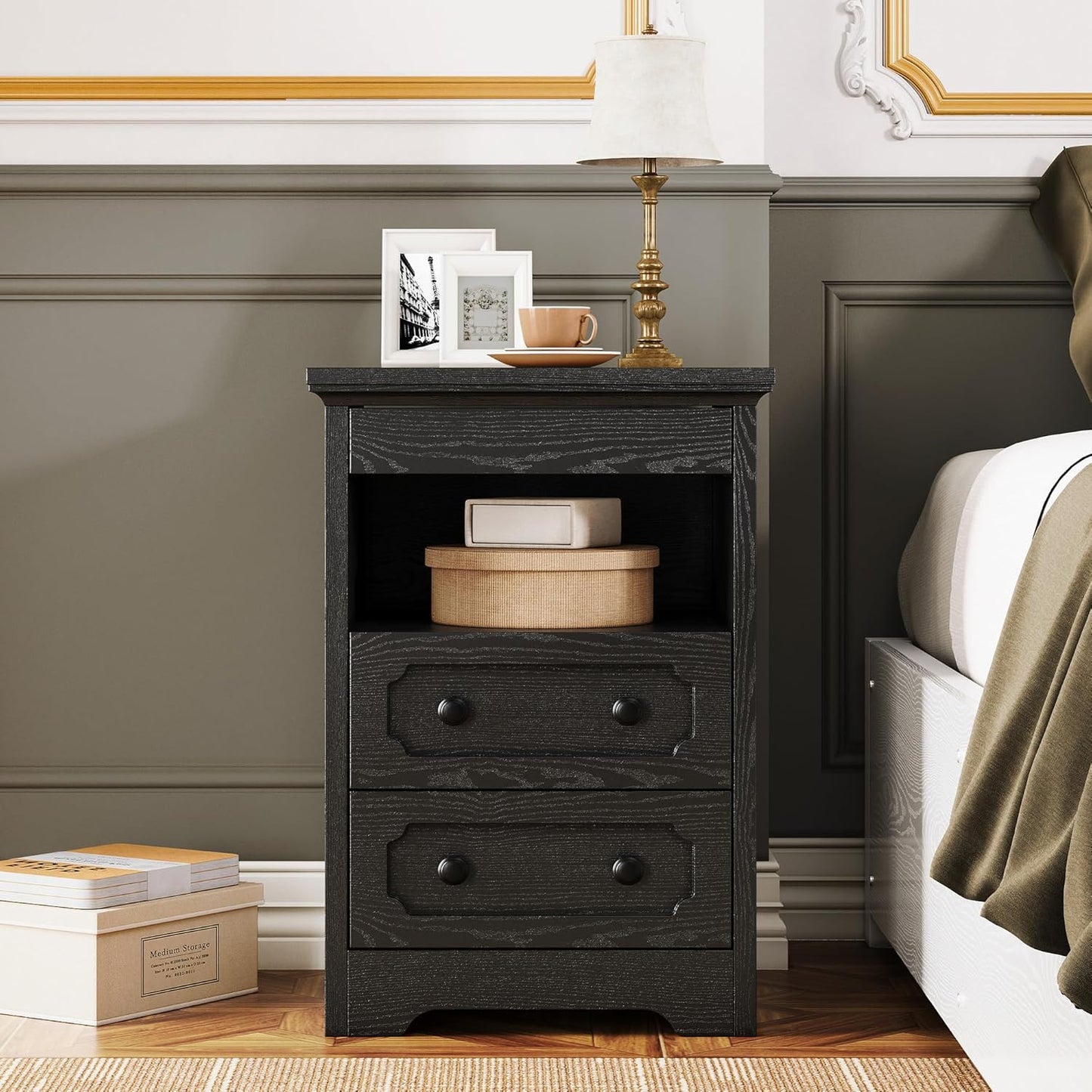 Night Stand, Modern Bedside Table with 2 Drawers, Open Shelf, End Table with Pull-Out Tray, Wood Sidetable, Black