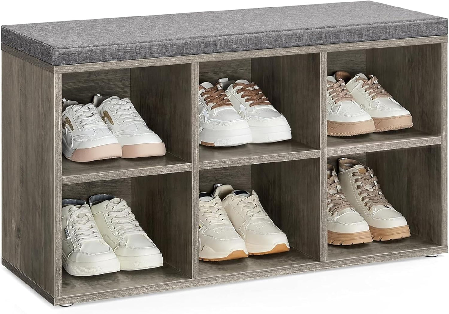 Shoe Bench with Cushion, Shoe Storage Bench with 6 Compartments and 3 Adjustable Shelves, Entryway Bench with Padded Seat, for Bedroom, Closet, Living Room, Greige ULHS023K02