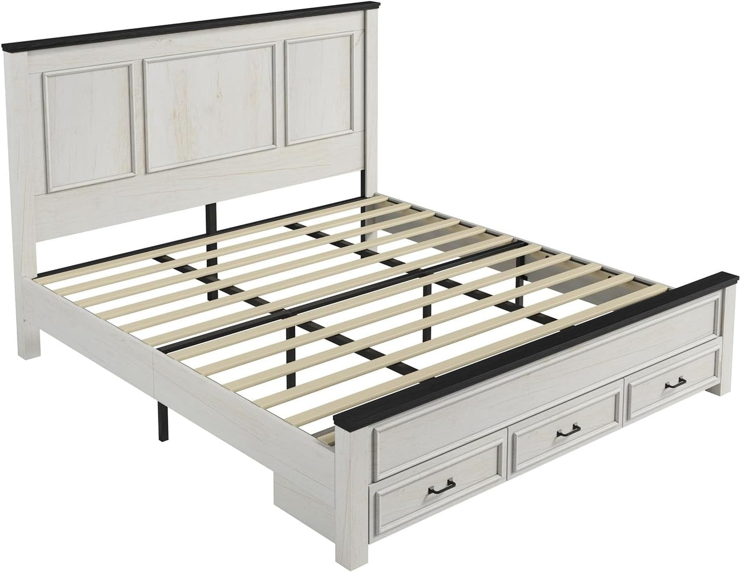 King Size Bed Frame with 52.2" Tall -Panel Headboard & Footboard, Farmhouse Wood Platform Bed Frame with 3 Large Storage Drawers, Noiseless, No Box Spring Needed, Rustic White