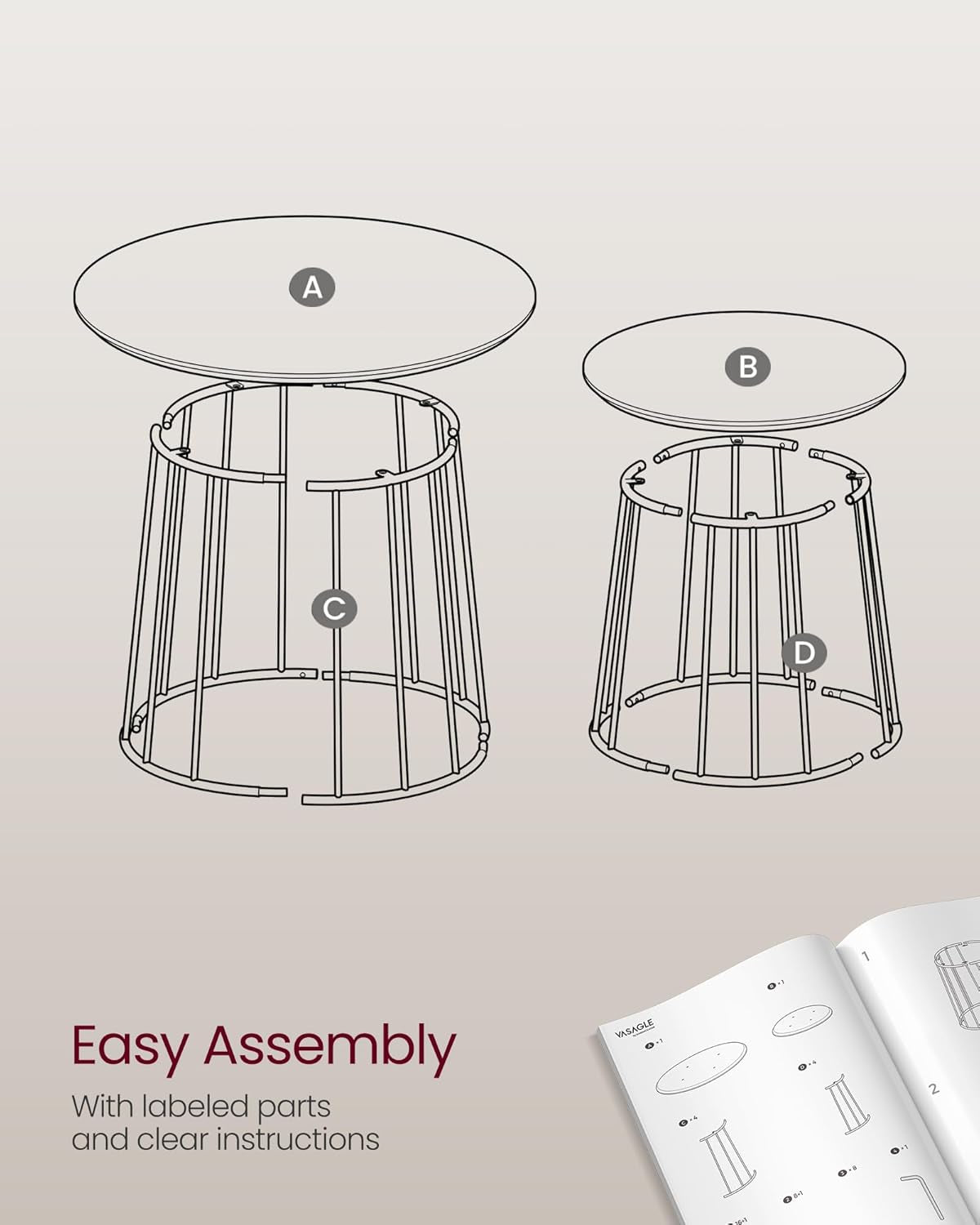 round Coffee Tables, Set of 2, Modern Circle Side Tables with Steel Frame, for Living Room, Bedroom, Ebony Black ULCT045B56