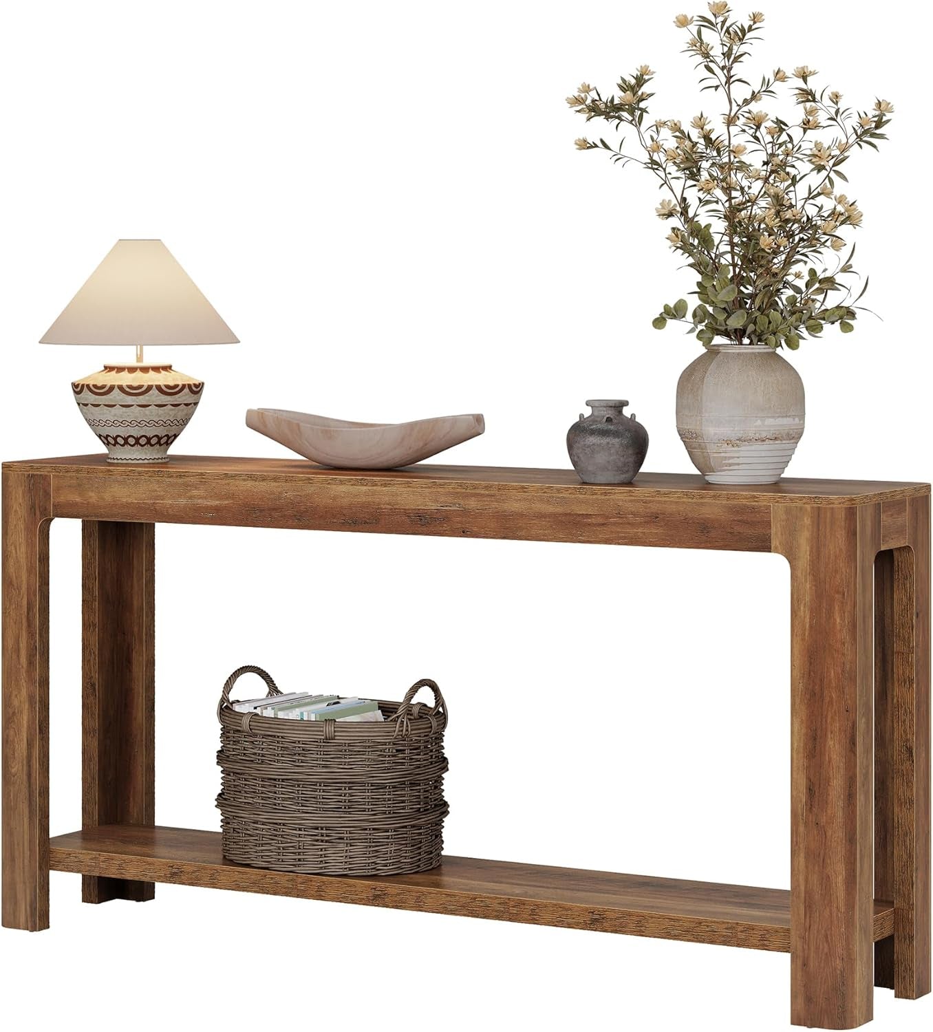 63 Inch Entryway Console Table, 2-Tier Farmhouse Narrow Sofa Table behind Couch, Accent Entrance Console Furniture for Entryway, Foyer, Hallway, Rustic Brown