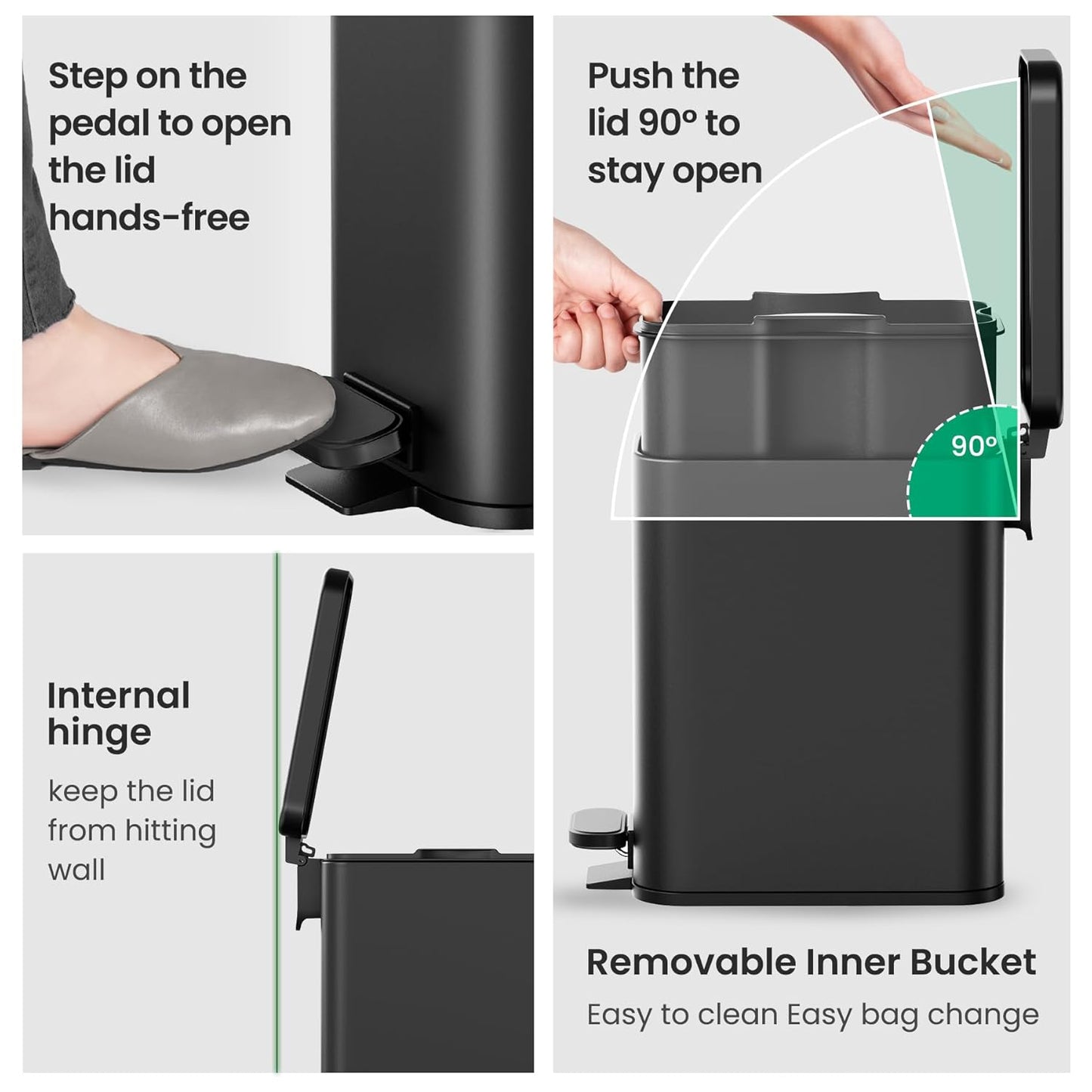 Bathroom Trash Can with Lid, 2.6 Gallon Small Black Bathroom Garbage Can Soft Close, Stainless Steel Waste Basket with Step Pedal for Bedroom, Laundry Room, Living Room, Home Office, Toilet, RV