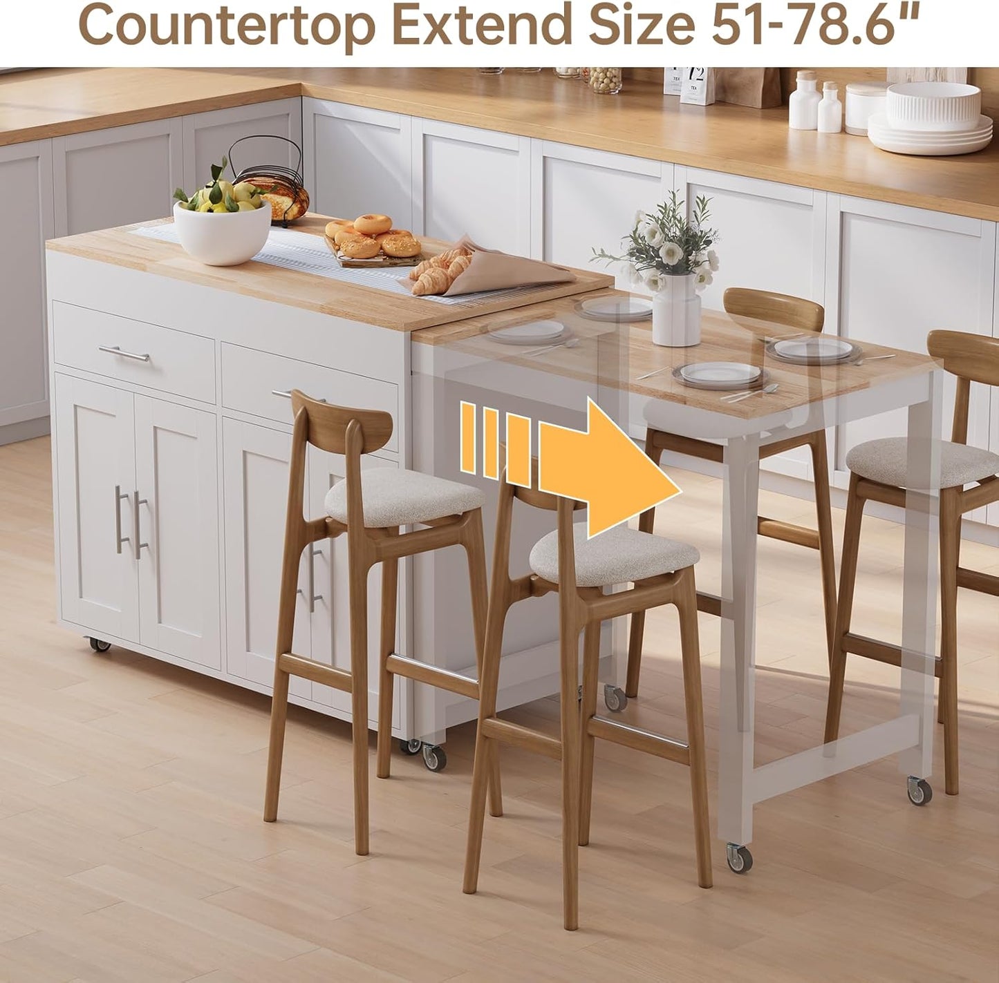78" Rolling Kitchen Island with Extendable Table, Mobile Kitchen Islands with Storage for 2-4, 3 in 1 Island Cart on Wheels for Small Space with 2 Drawers & 4 Door Cabinet, White