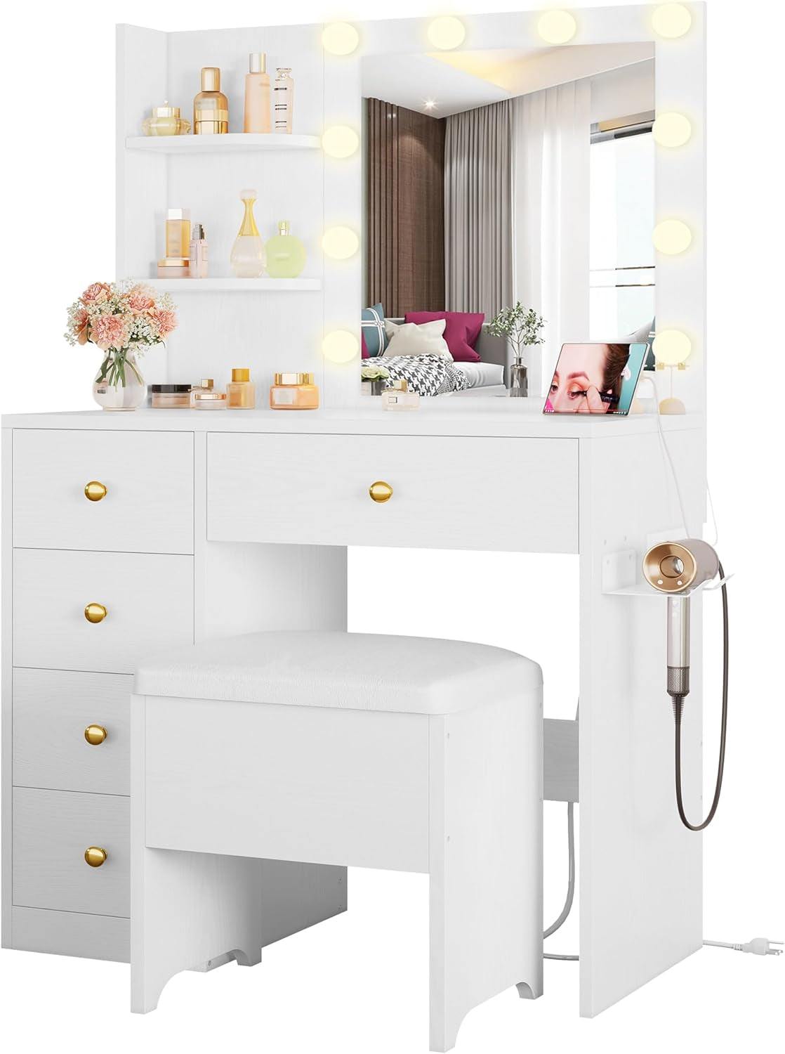 Vanity Desk with Mirror and Lights, Small Makeup Vanity Table with 5 Drawers, Power Outlet, and Vanity Stool, 3 Lighting Colors, Dressing Table for Women Girls Bedroom, White