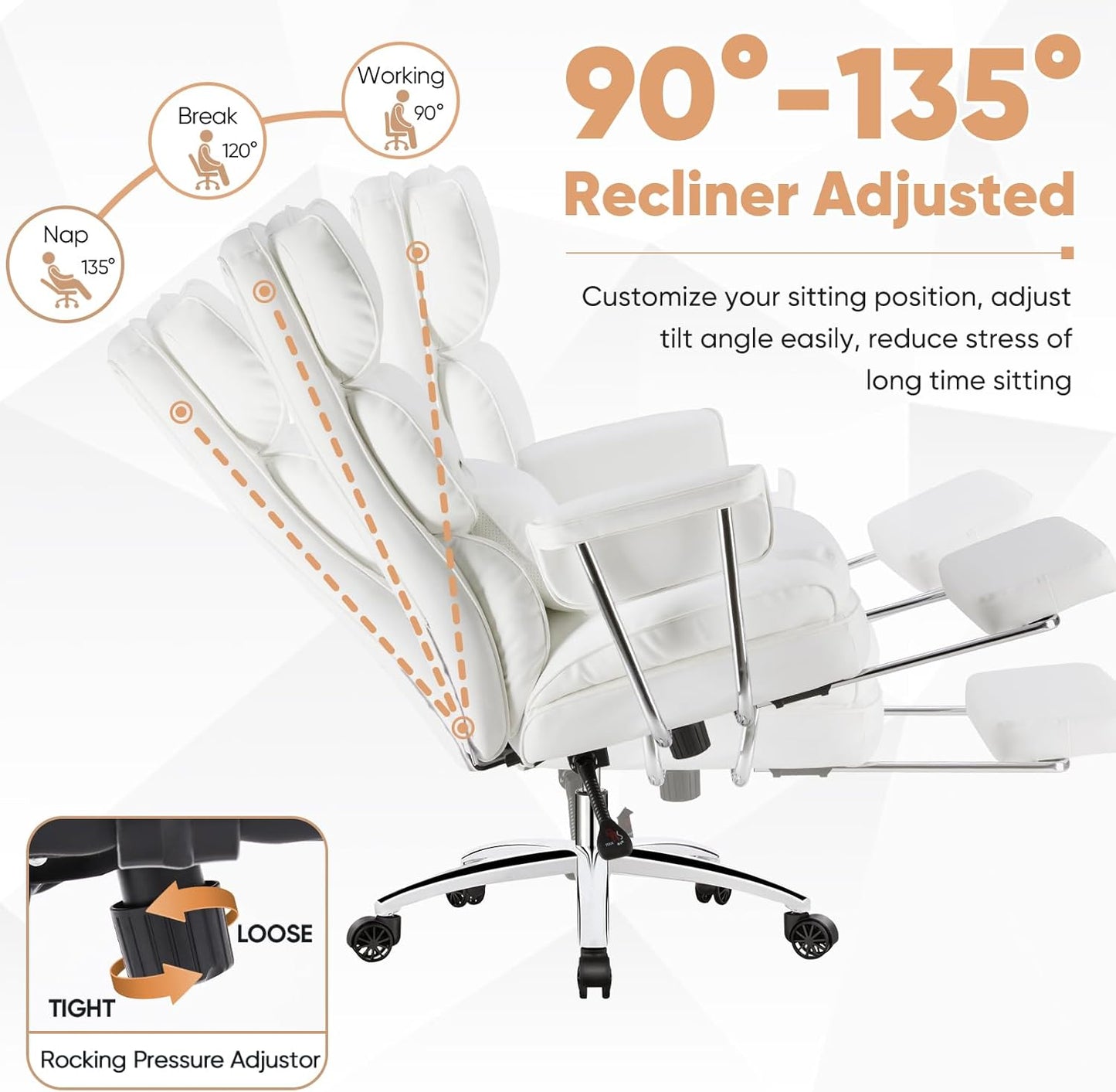 Executive Home Office Desk Chair - Ergonomic Big Tall High Back with Footrest & Lumbar Support, Reclining Height Adjustable, Comfy PU Leather Computer Gaming with Swivel Wheels, White