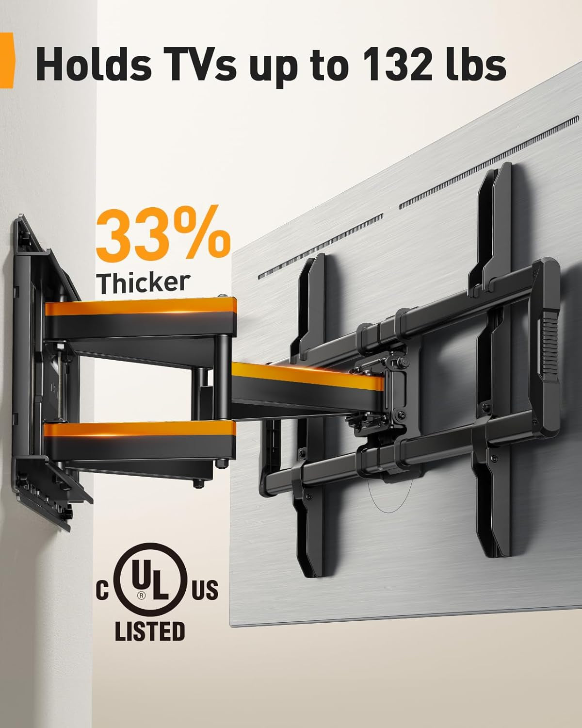 Ul-Listed Full Motion TV Wall Mount for 40–86 Inch Flat Curved Tvs up to 132 Lbs, 12″/16″ Wood Studs, TV Mount Bracket with Tool-Free Tilt, Swivel, Extension, Max VESA 600 X 400Mm, PGLF15