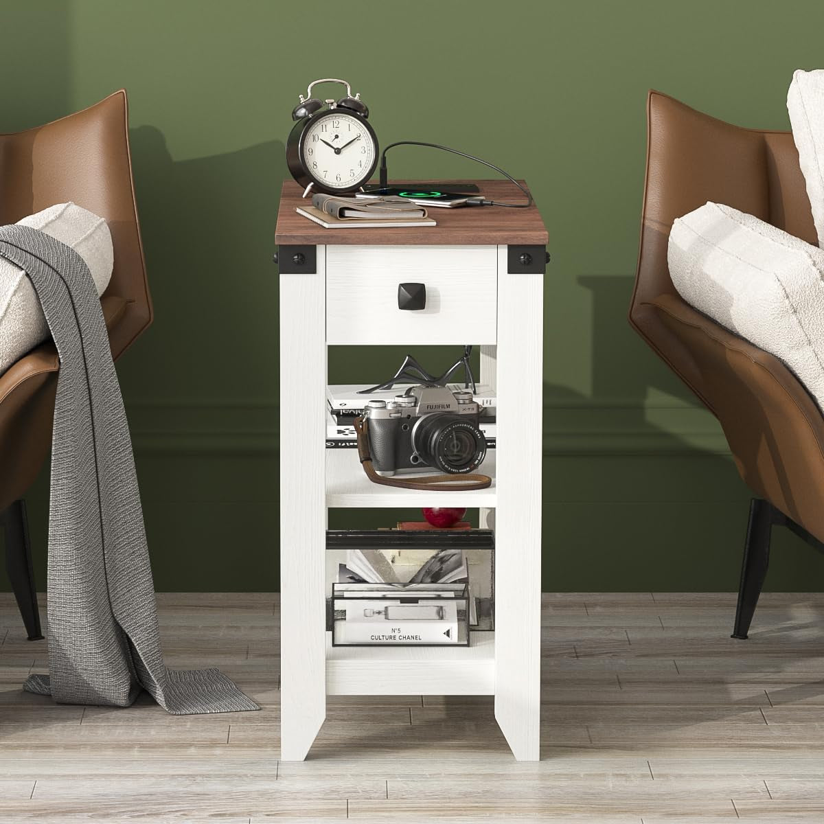 End Tables Living Room Set of 2, Narrow Side Table with Charging Station, Small Bedside Table for Small Space, Skinny Nightstand with Storage Drawer, White