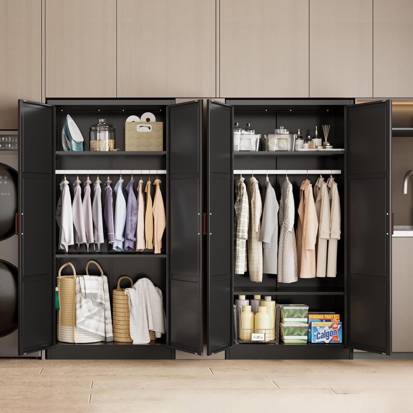 Metal Storage Cabinet with Hanging Rail, Black Armoire Wardrobe Closet with 2 Doors,71" H Storage Closet Cabinets with Adjustable Shelves and Removable Hanging Rods