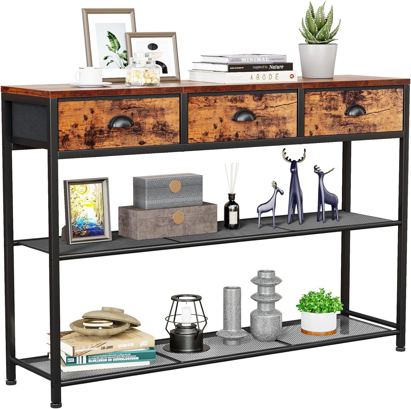 White Entryway Table, 38'' Console Sofa Table with 3 Fabric Drawers, Industrial Entry Way Table with Storage Shelves, Display Shelf for Living Room, Hallway, Entrance, Foyer