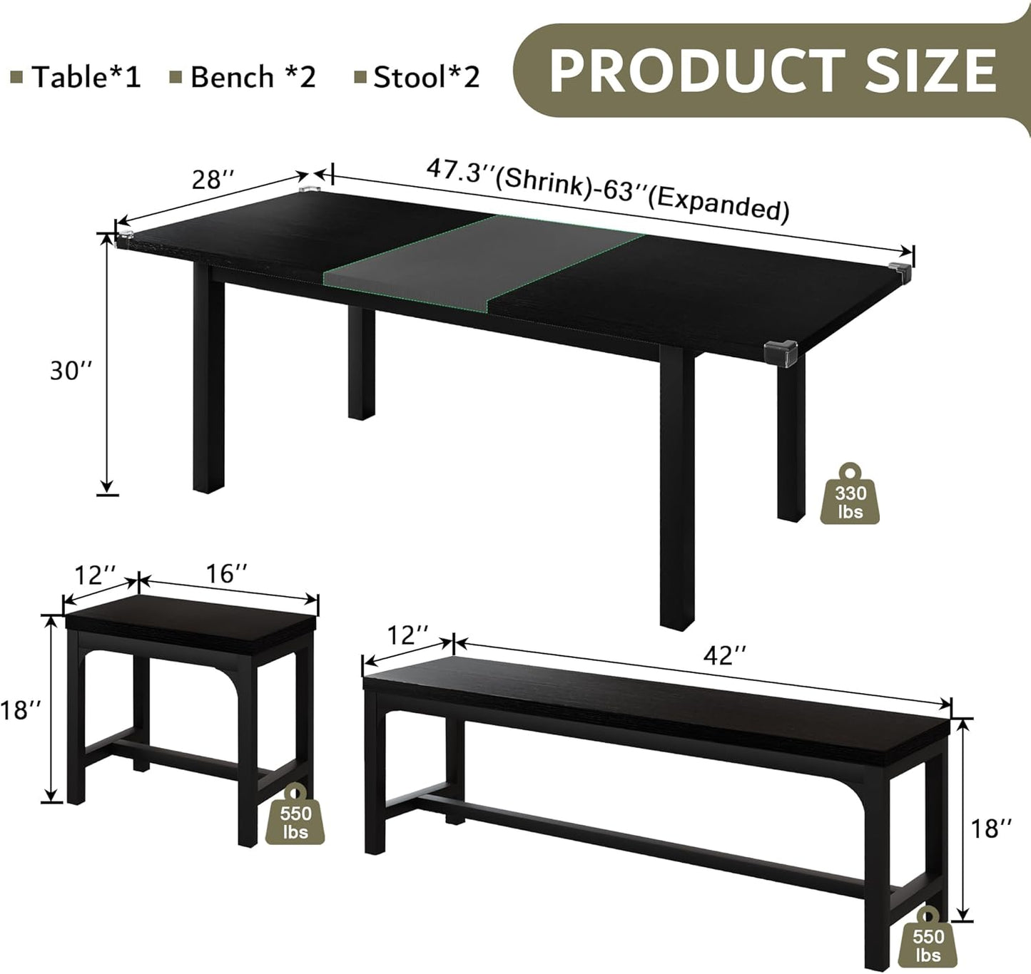 5-Piece Dining Table Set for 4-8 People, Extendable Kitchen Table Set with 2 Benches and 2 Square Stools, Mid-Century Dining Room Table with Metal Frame & MDF Board, Saving Space, Black