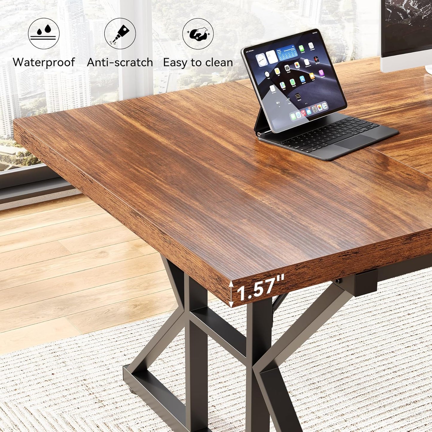 70.8-Inch Office Desk, Wooden Executive Office Desk, Modern Work Desk, Large Farmhouse Writing Table Computer Desk for Home, Brown-Black