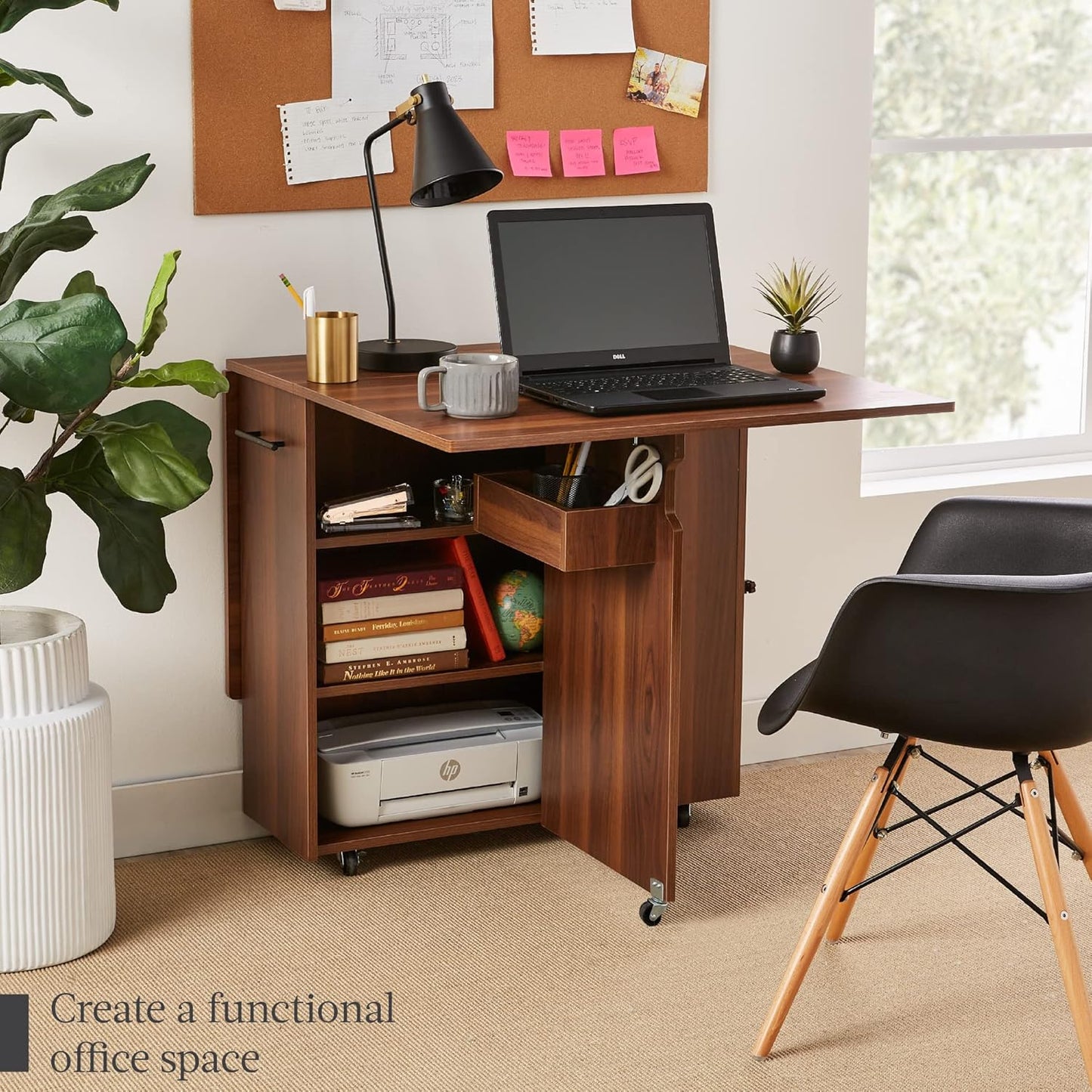Folding Dining Table, Multipurpose Space Saving Collapsible Drop Leaf Extension Desk W/Wheels, 3 Storage Shelves - Brown