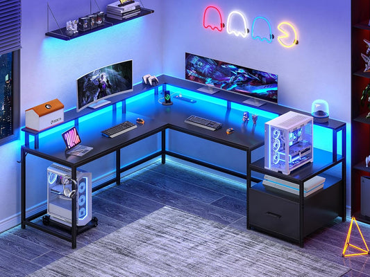 L Shaped Gaming Desk, 66" Home Office Desk with Wood File Drawer & Power Outlet, Corner Gaming Computer Desk with Led Lights, Monitor Shelf and Printer Storage Shelves, Two Person Desk, Black