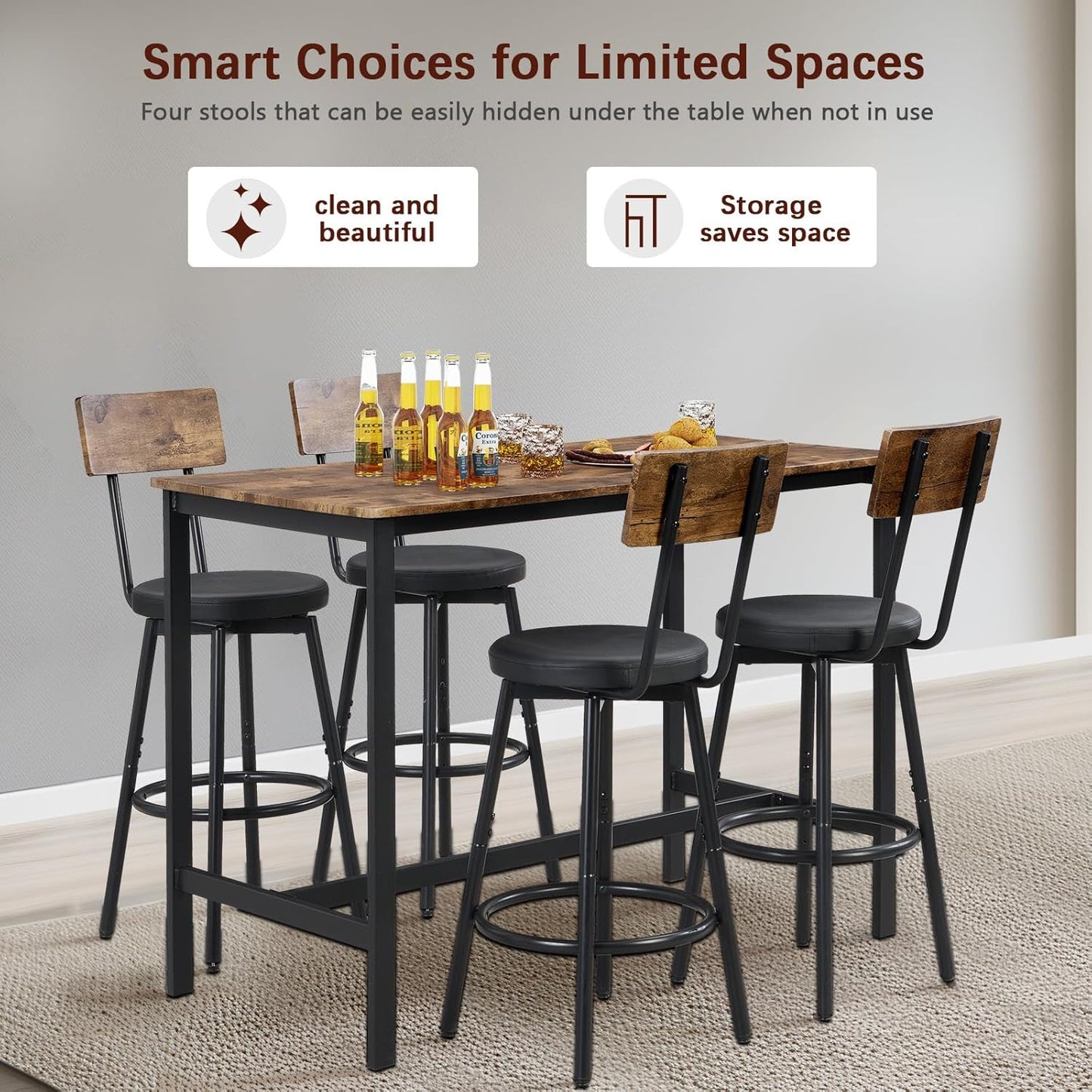 Bar Table and Chairs Set of 4, 5 Piece Counter Height High Breakfast Table Chairs Set of 4 for Dining Room, Brown