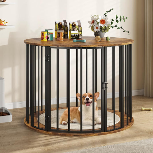 32 Inch Dog Crate Furniture for Large Medium Dogs, Wooden Dog Kennel Indoor Decorative Pet House Side End Table, round Dog Cage, White and Gold
