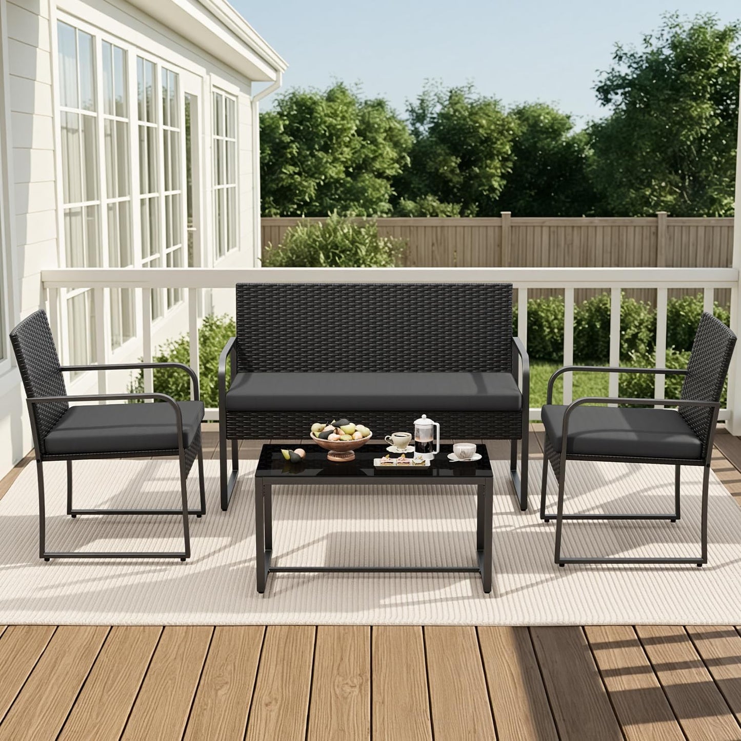 Black Wicker Furniture with Glass Coffee Table, 4 Piece Patio Furniture Set, Outdoor Rattan Conversation Set, for Backyard, Poolside, Porch, Lawn, Cushion-Black