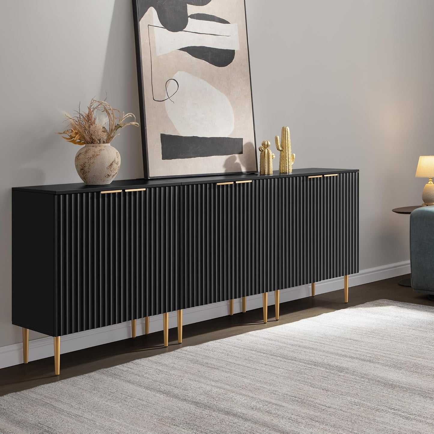 57" Modern Sideboard Buffet Cabinet - Elegant Storage Credenza with 4 Doors & Adjustable Shelf, Space-Saving Console Coffee Bar Table for Entryway, Kitchen, Living Room or Hallway