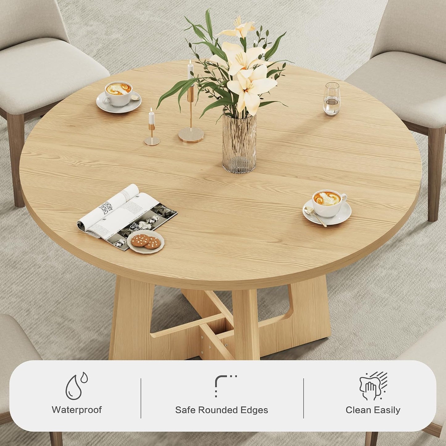 Round Dining Table for 4, Farmhouse Kitchen Table, Wooden Circle Table, 300Lb Capacity & Easy Assembly for Home Dining Room Kitchen Living Room (Natural Oak)