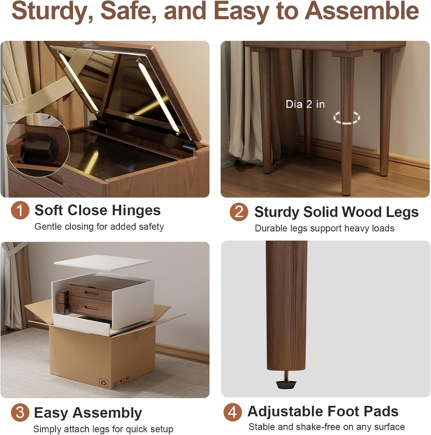 Solid Wood Small Vanity Desk with Flip Top Mirror, Brightness Adjustable Lights, Compact Vanity with Glass Top and Drawers, Slim Dressing Table for Small Space, Bedroom, Living Room, Walnut