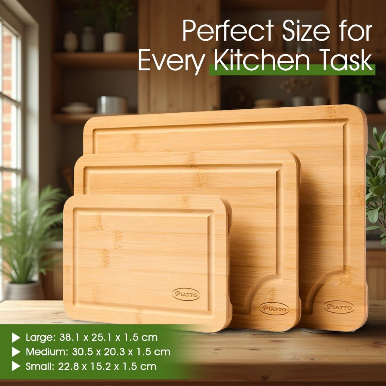 Bamboo Cutting Board for Kitchen (3 Pcs) – Durable Wooden Cutting Board Non Toxic – Chopping Boards for Kitchen with Deep Juice Groove and Built-In Handles, Ideal Charcuterie, Meat, Vegetables