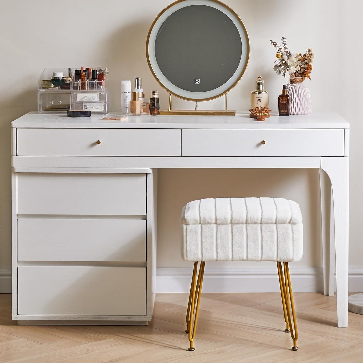 Stool Chair with Storage Space, Footrest Footstool Ottoman, Small Side Table, with 4 Metal Legs, with Anti-Slip Feet, for Makeup Room, Bedroom, White, Faux Fur LG-50W