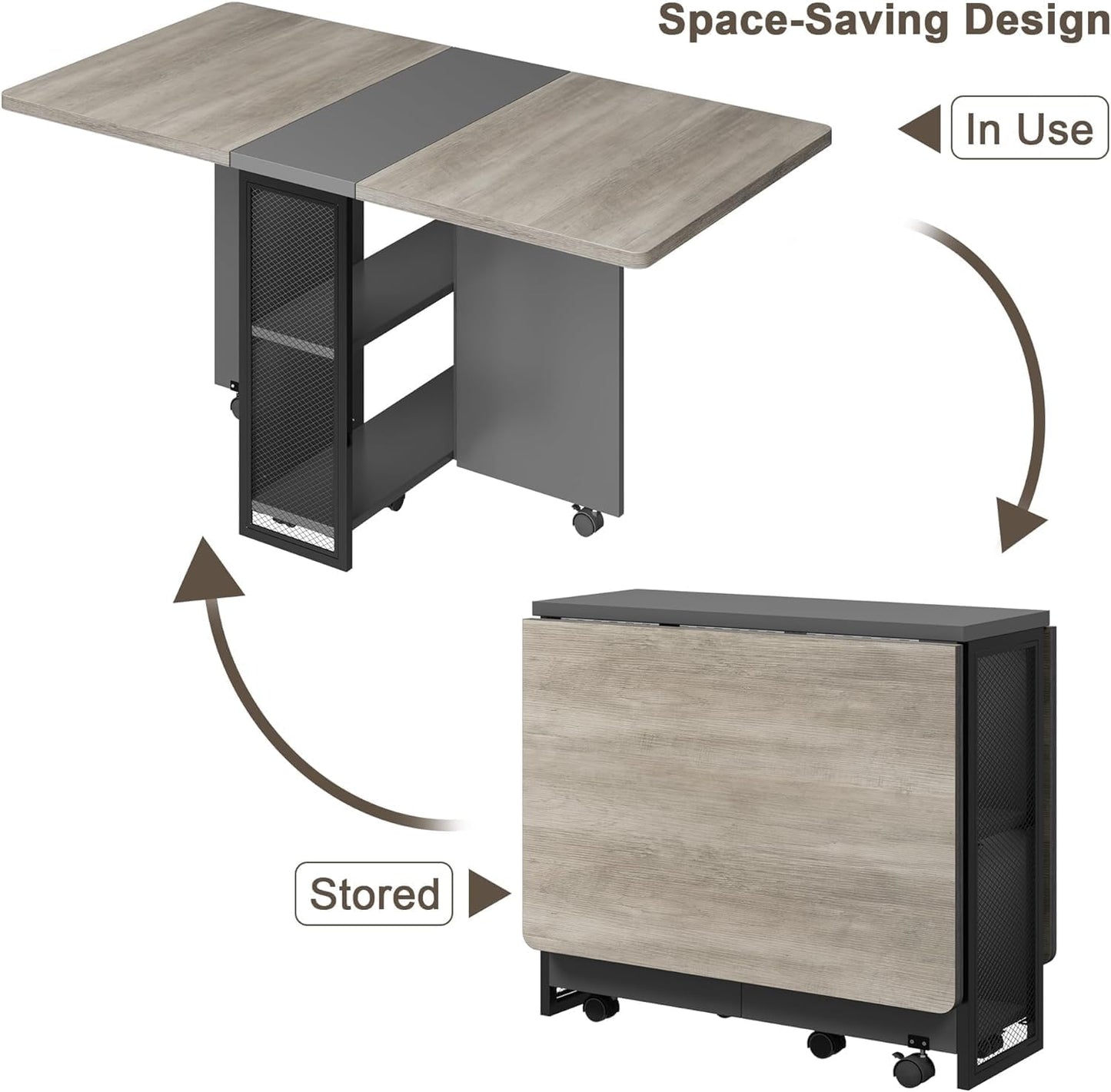 Folding Dining Table, Space Saving Farmhouse Dining Table for 4 Storage Shelf, 6 Wheels Multipose Expandable Kitchen Drop Leaf Table for Small Space (Carlo Grey, 50.1"D X 31.4"W X 29.5"H)