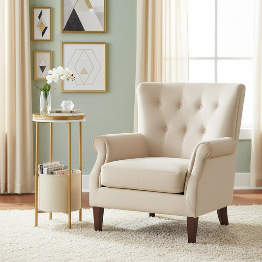Small round Side Table with Storage Basket, 2-Tier round End Table for Living Room & Bedroom, 26" Tall Nightstand Modern Sofa End Table for Small Spaces (White Gold)