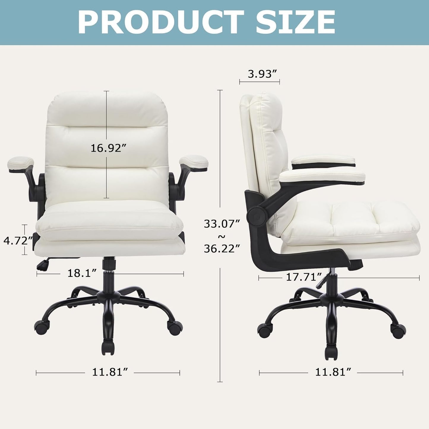 Ergonomic Swivel Office Desk Chair with Flip-Up Armrest and Adjustable Height, Lumbar Support & PU Leather Thickened Cushion, for Computer Task Work, White