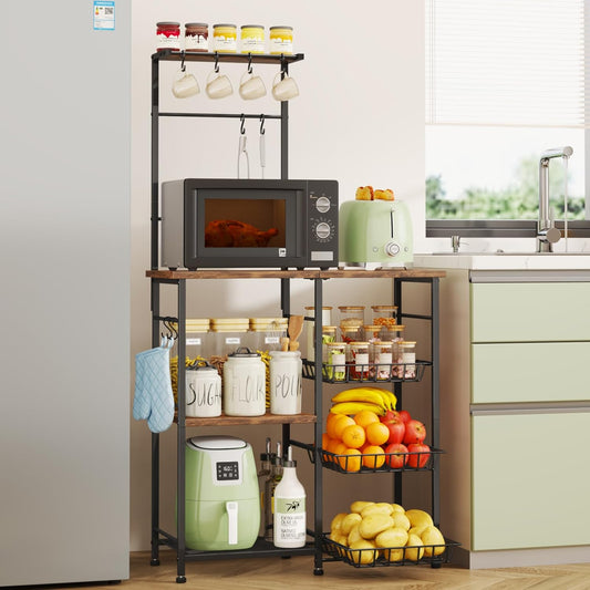 Bakers Rack with Storage - Coffee Bar Cabinet with Shelves, Coffee Station Organizer and Kitchen Stand with 8 Hooks, Baskets, Adjustable Feet for Kitchen Dining Room Pantry, Espresso