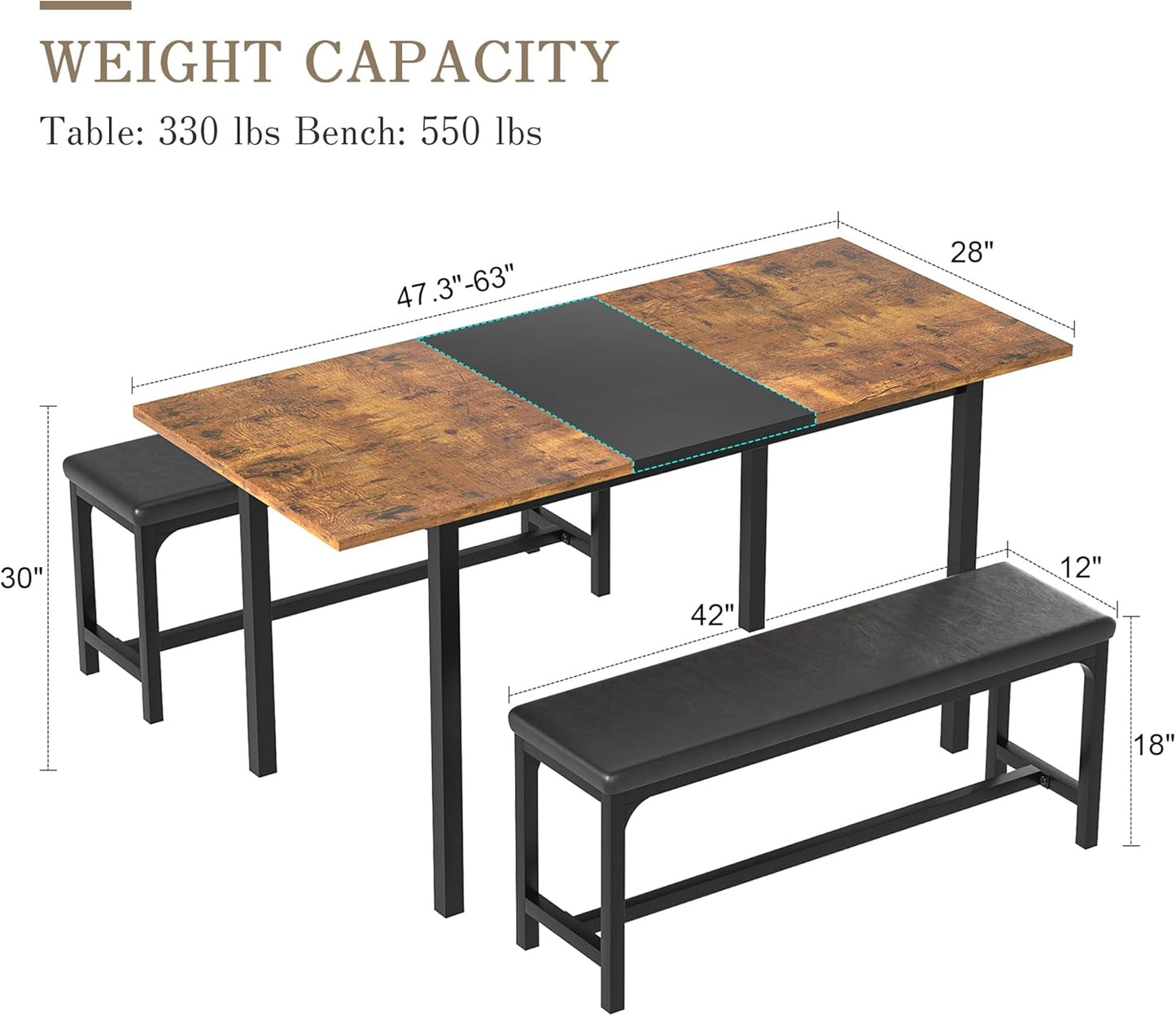 3-Piece 63" Extendable Kitchen Table with Benches/Chairs, Modern Breakfast Dinette/Dining Room Set for 4/6/2, Small Space Saving Design, Easy Assembly