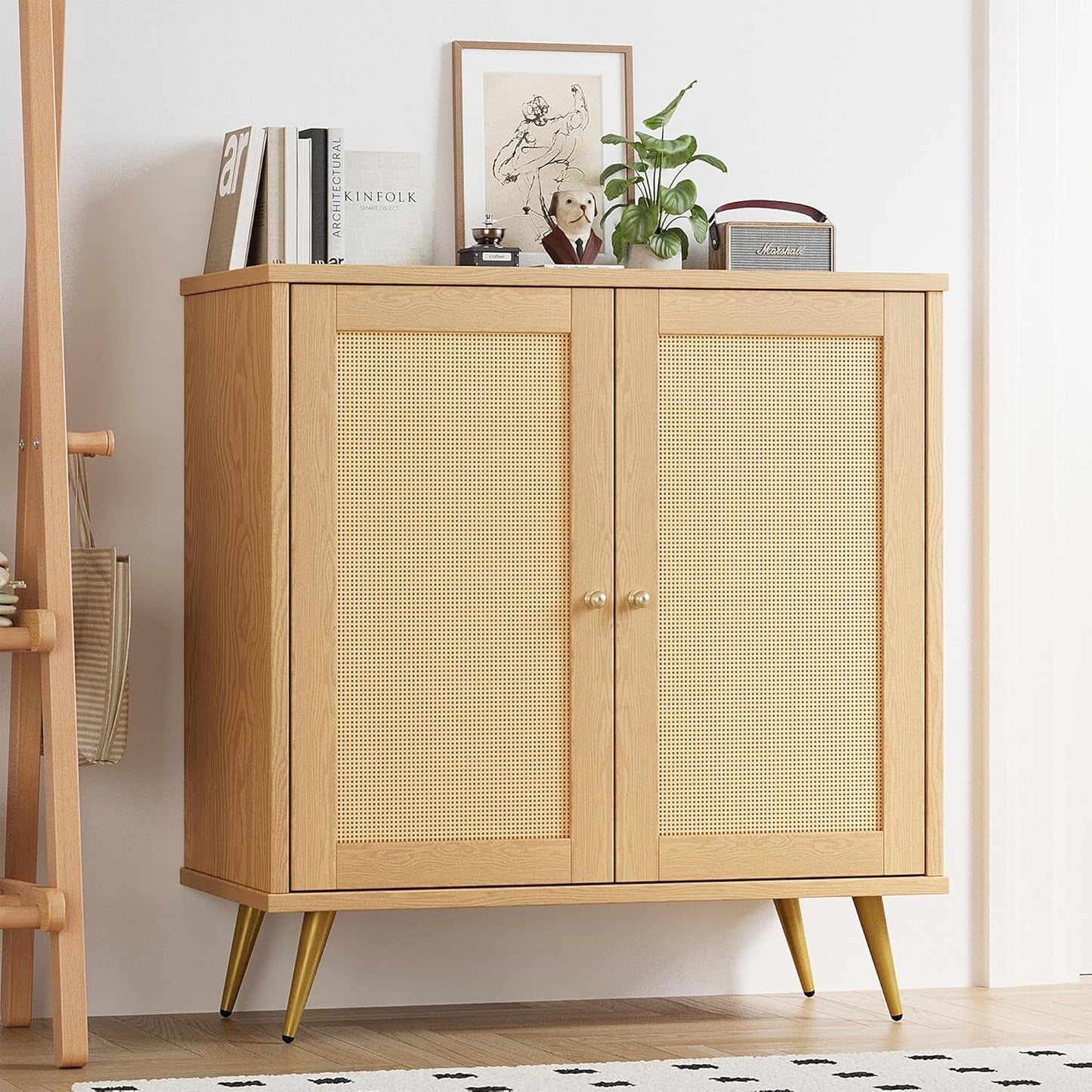 Rattan Buffet Cabinet with Storage, Sideboard Buffet Cabinet with Rattan Decor Doors, Modern Wood Cupboard for Kitchen Living Room Dining Room Hallway Entry, Natural