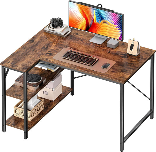 L Shaped Desk, 39 Inches Computer Desk with Reversible Storage Shelves, Gaming Desk, Corner Home Office Desks, Writing Study Desk with Metal Frame, Rustic Brown