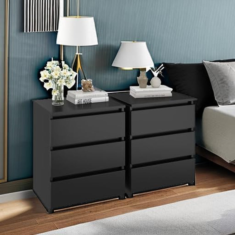 Nightstand Set of 2 Black Nightstand with 3 Drawers, Black Bedside Table Night Stand for Bedroom with Cut-Out Handle, Sofa Side Table 3 Drawer Nightstand for Bedroom, 17.7W*15D*21.7H