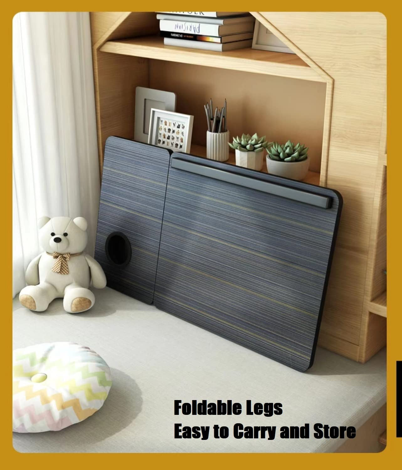 Black foldable laptop bed table with cup holder, view 7